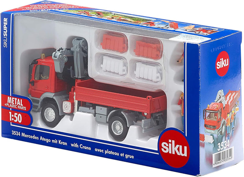 siku 3534, LKW mit Ladefläche und Kran, 1:50, Metall/Kunststoff, Rot, Inkl. 2 Spielfiguren und 12 Ve