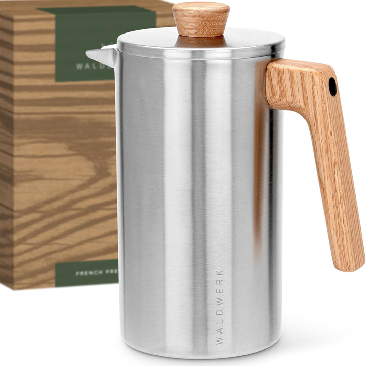 WALDWERK French Press (1L) - Kaffeebereiter aus doppelwandigem Edelstahl mit Holzgriff aus Eichenh