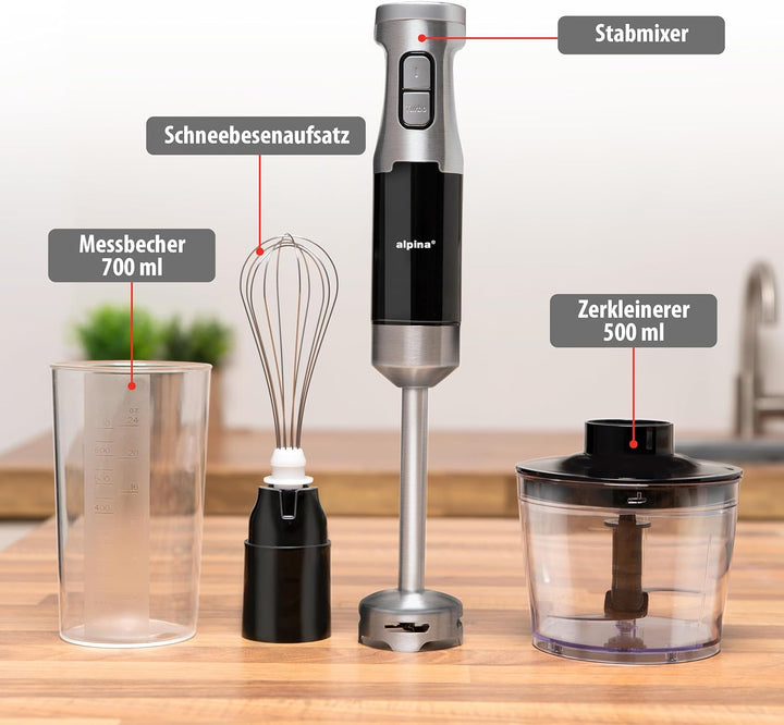 ALPINA Stabmixer, 1000 Watt, Rostfreier Edelstahl, Schwarz-Silber