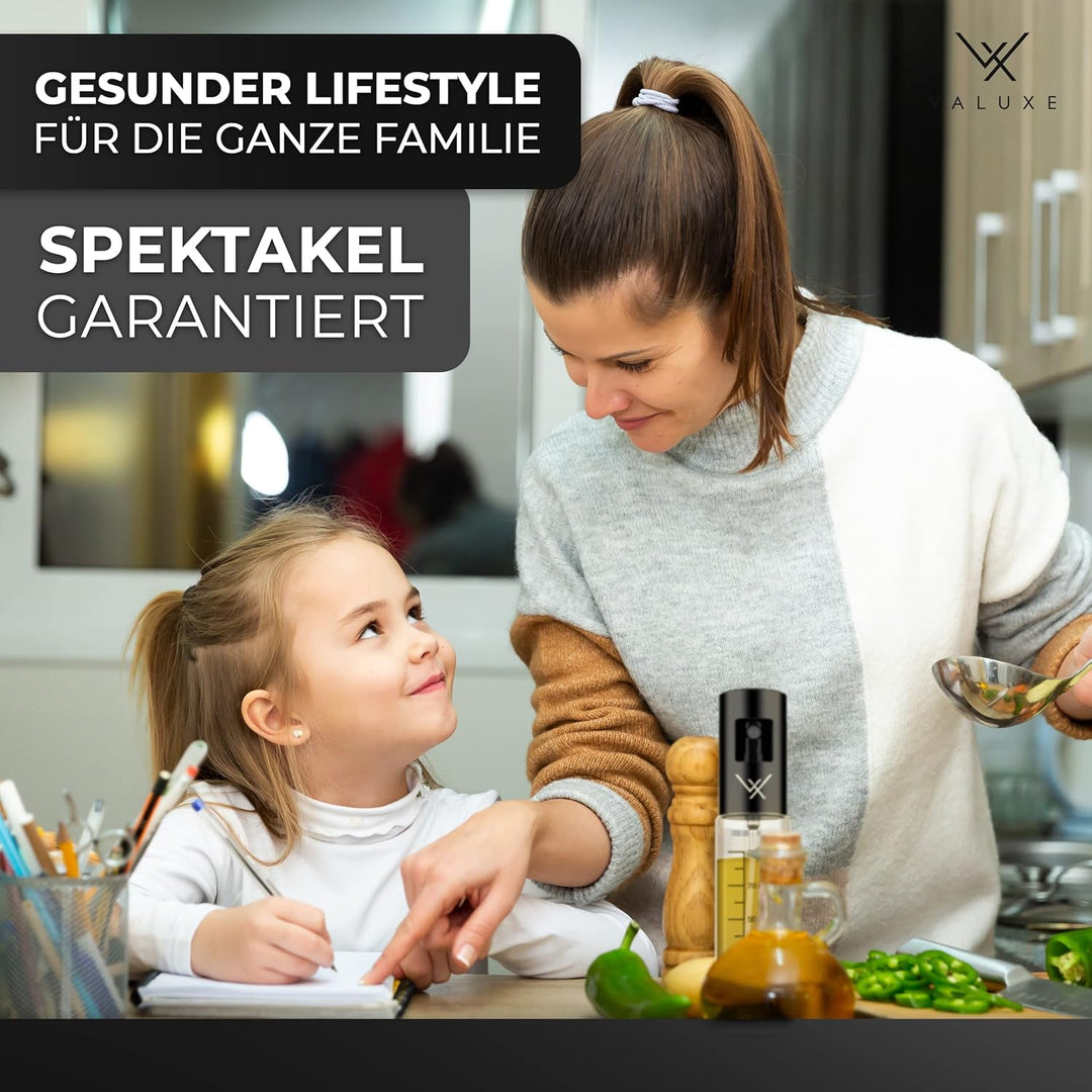 VALUXE® Ölsprüher - Das ORIGINAL - Extrem präzise Öl-Sprühflasche aus Edelstahl und Glas - Multifunk