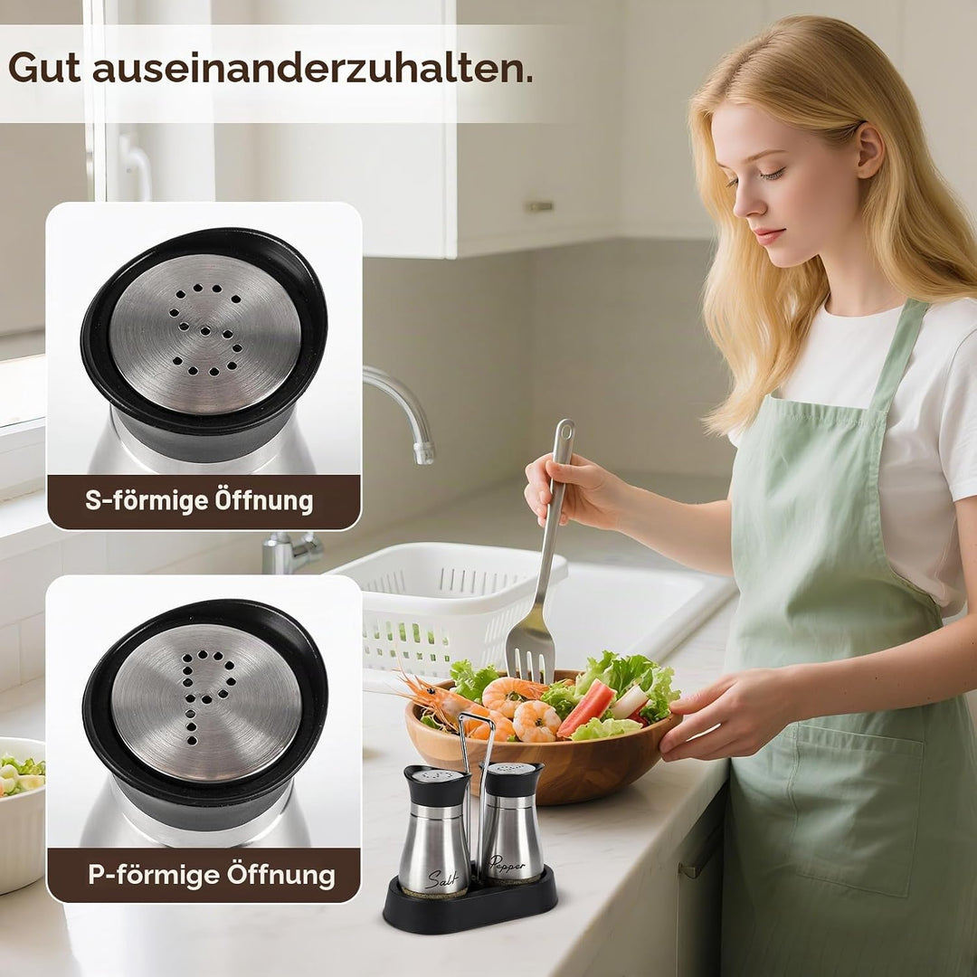 Salz und Pfefferstreuer Set, Salz und Pfefferstreuer Set mit Halter, 8 Stück Edelstahl und Glasflasc