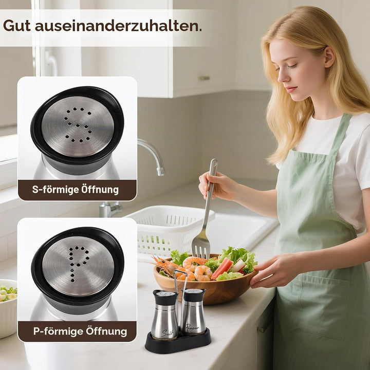 Salz und Pfefferstreuer Set, Salz und Pfefferstreuer Set mit Halter, 8 Stück Edelstahl und Glasflasc