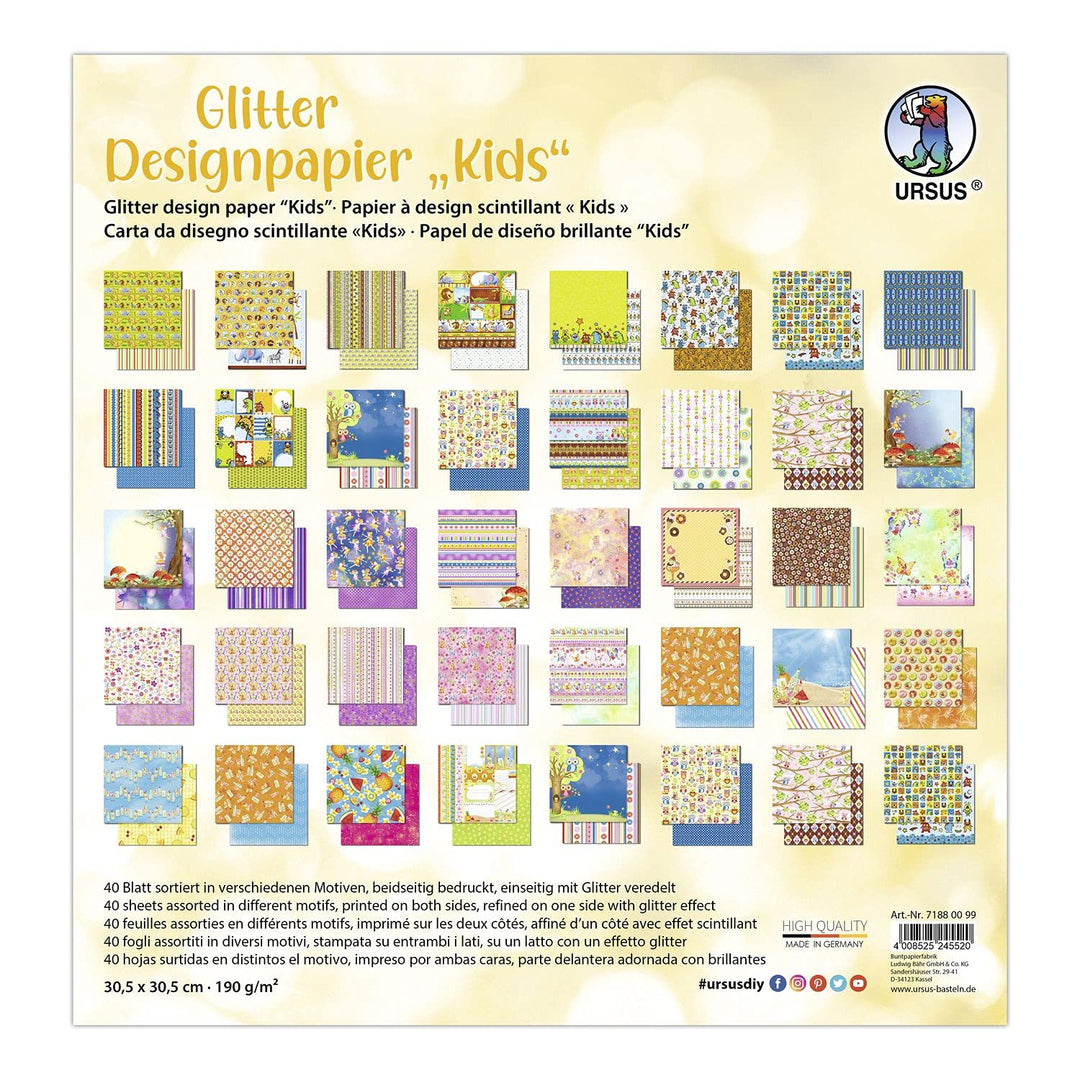 Ursus 71880099 - Glitter Design-Papier "Kids", Mix mit 40 Blatt beidseitig bedrucktem Motiv-Papier,