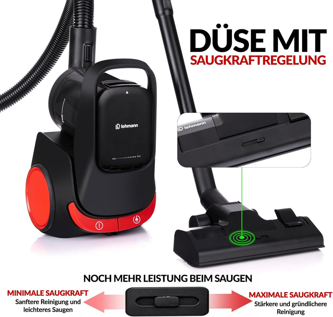 LEHMANN Staubsauger beutellos mit Handgriff-Steuerung, Leistungsstarke Zyklontechnologie, 2-Fach Fil