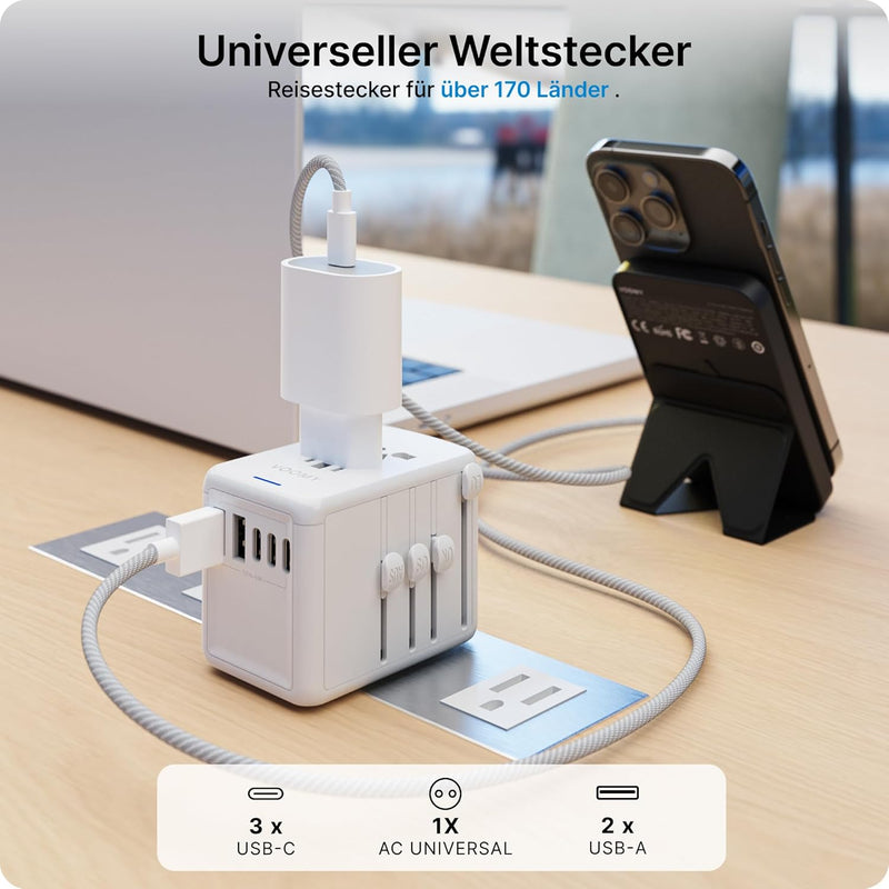 VOOMY Adapter für 170+ Landen, Reiseadapter Usa mit 2 USB A, Reisestecker mit 3 USB C, Reiseadapter