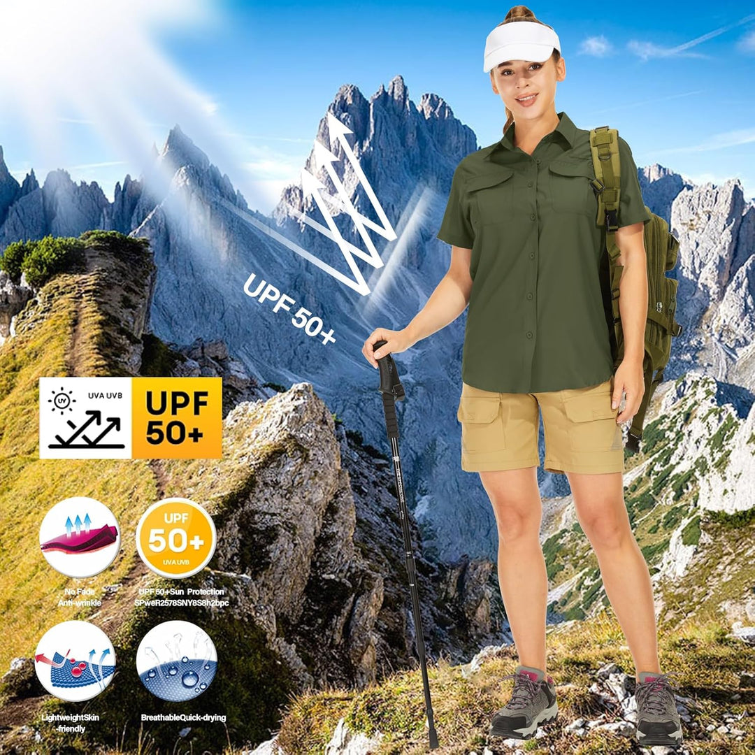yeyity Hemdbluse Damen Kurzarm UV Schutz Wander Shirt Damen Atmungsaktiv Safari Hemd Schnelltrocknen