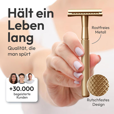 ANYMALE® Rasierhobel Gold Edition - Damen Set mit Ständer und 5 ASTRA Klingen - Plastikfreier Rasier