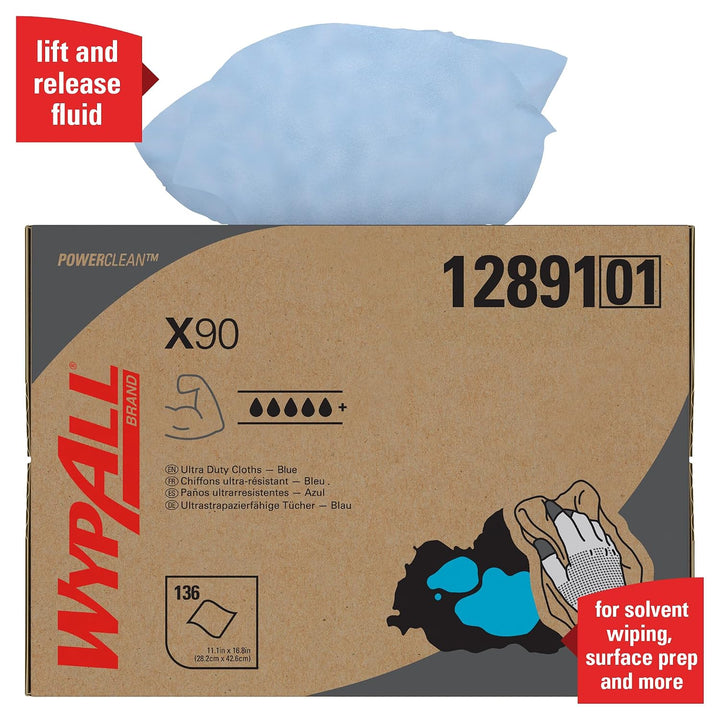 WypAll X90 Power Clean Tücher 12891 – 1 BRAG Box mit 136 blauen, 2-lagigen Tüchern