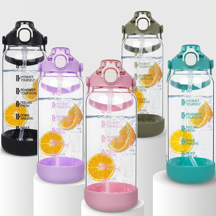 Seekua 1.5 liter Trinkflasche Glas Flasche mit Strohhalm & Zeitmarkierung, 1.5l Wasserflasche mit Fr