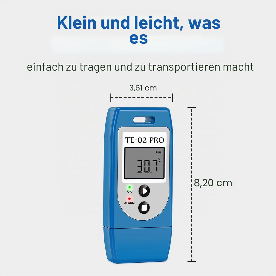 ThermElc TE-02Pro Temperatur Datenlogger, LED-Lichtwarnung für Temperatur, MKT, –30 bis +60 °C und e