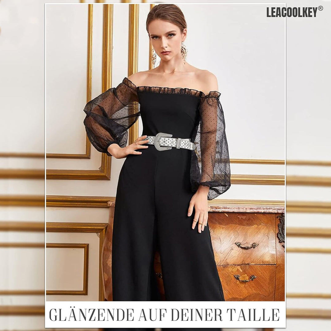 LEACOOLKEY Damen Männer Mode Strass Gürtel, Western Cowgirl Nieten Punk PU Ledergürtel für Jeans XL