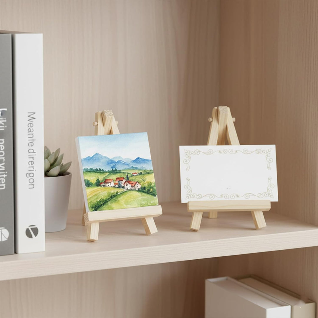12x Mini Staffelei Naturholz 7x12.5cm klappbar mit 8x8cm Leinwand-Set - Handbemaltes Kinder-Malkreat