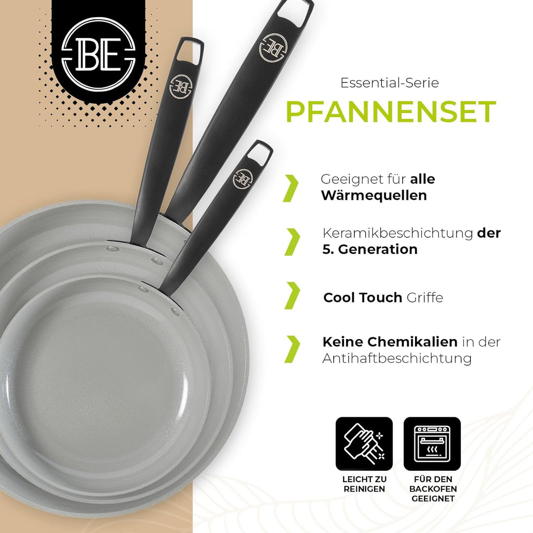 Be Living Essential Pfannenset 3-teilig, Bratpfanne 20/24/28 cm, Non Stick Keramik Antihaft, Indukti