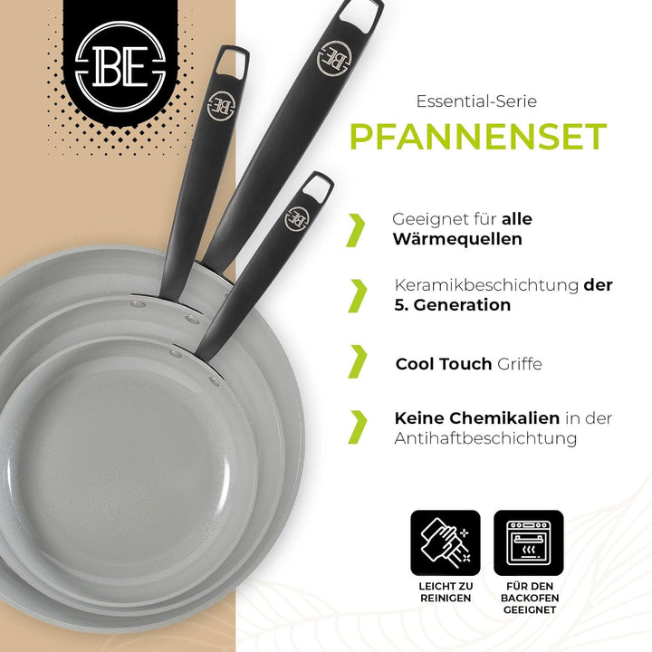 Be Living Essential Pfannenset 3-teilig, Bratpfanne 20/24/28 cm, Non Stick Keramik Antihaft, Indukti