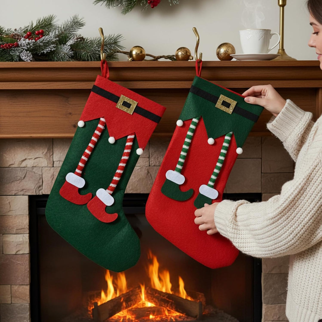 MIJOMA Weihnachtsstrümpfe 2er Set – dekorative Filz-Socken mit Elfen-Design zum Befüllen & Aufhängen