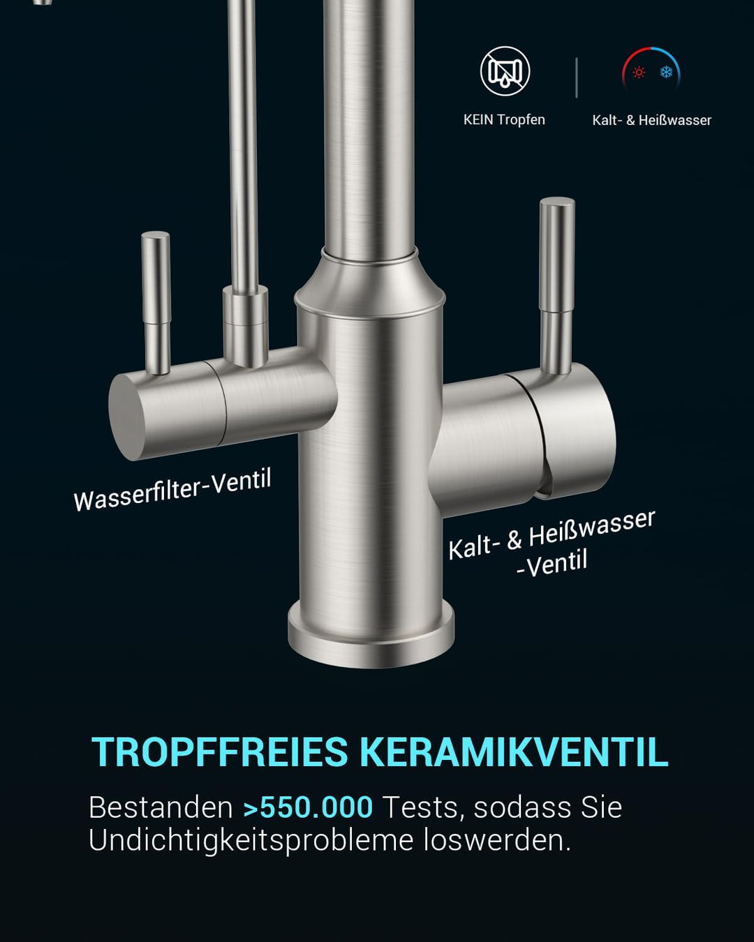 APPASO 3 Wege Wasserhahn Küche ohne Wasserfilter, 3 in 1 Mischbatterie Küche für Wasserfilter，Gebürs