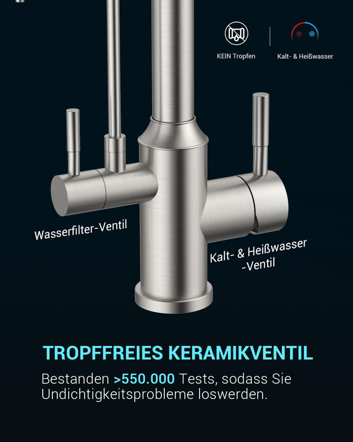 APPASO 3 Wege Wasserhahn Küche ohne Wasserfilter, 3 in 1 Mischbatterie Küche für Wasserfilter，Gebürs