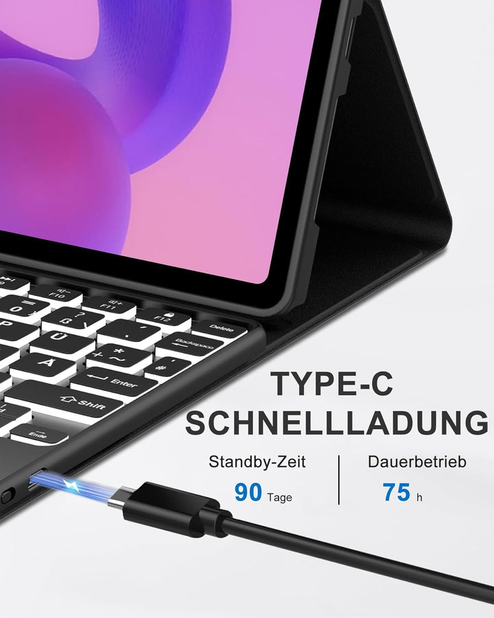 11 Zoll Bluetooth Tastatur Hülle für Lenovo Idea Tab 11, Deutsch QWERTZ mit 7-Farben Licht und Touch