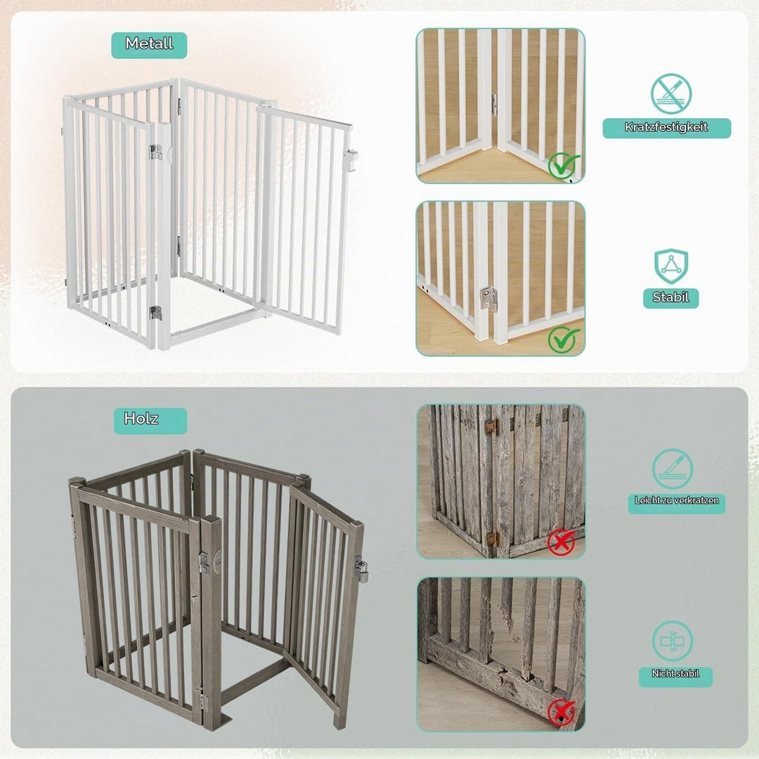 COMOMY Metall Hundegitter Freistehend mit Tür, 203cm Extra Breit Absperrgitter Hund Wohnung, 81cm Ho