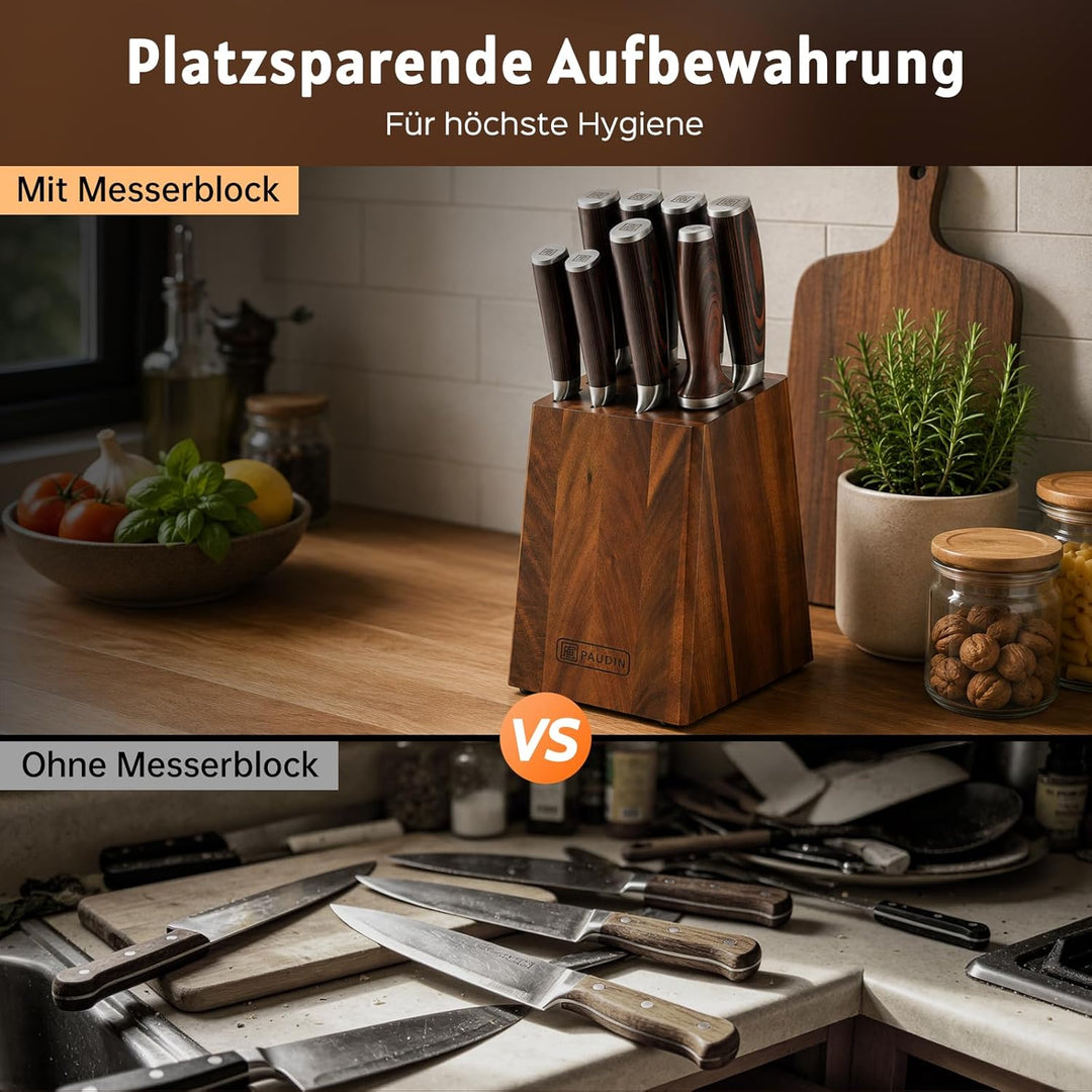 Paudin Messerblock Set mit 9-TLG, Scharfes Hochwertiges Küchenmesser Set aus Edelstahl, Messerblock