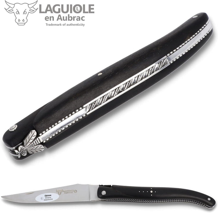 Laguiole en Aubrac Taschenmesser 'Perle' - 12 cm - Voller Griff Ebenholz - Verzierte Platinen - Stah