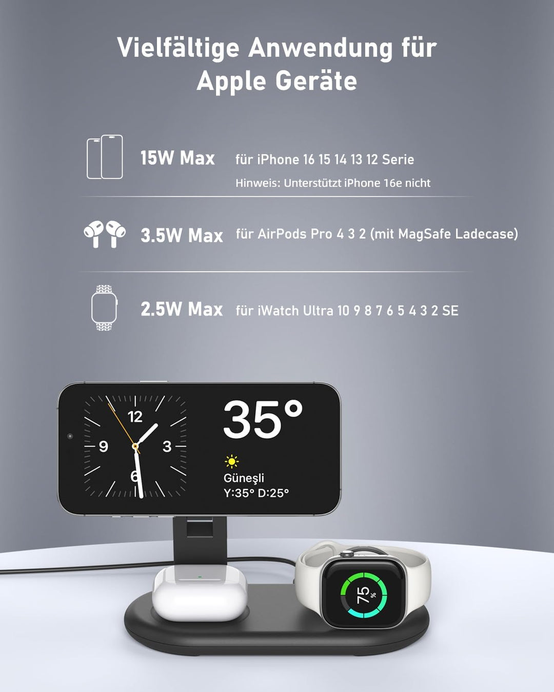 3 IN 1 Tragbare Ladestation kompatibel mit Apple Watch und iPhone, Mag-Safe Ladegerät für iPhone 16