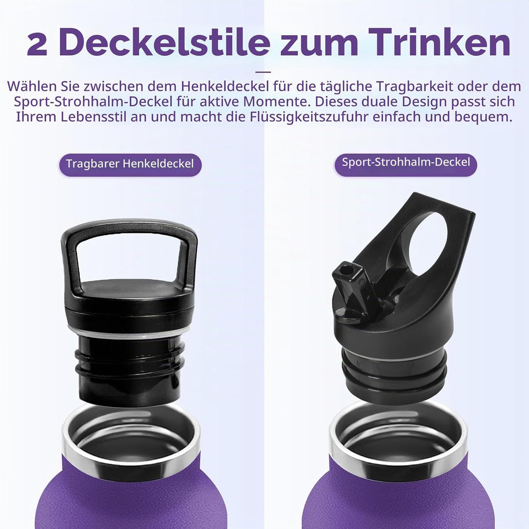 Thermosflasche 1L, Edelstahl Trinkflasche mit Strohhalm, Einhandöffnung, Vakuum Thermosflasche, Kohl
