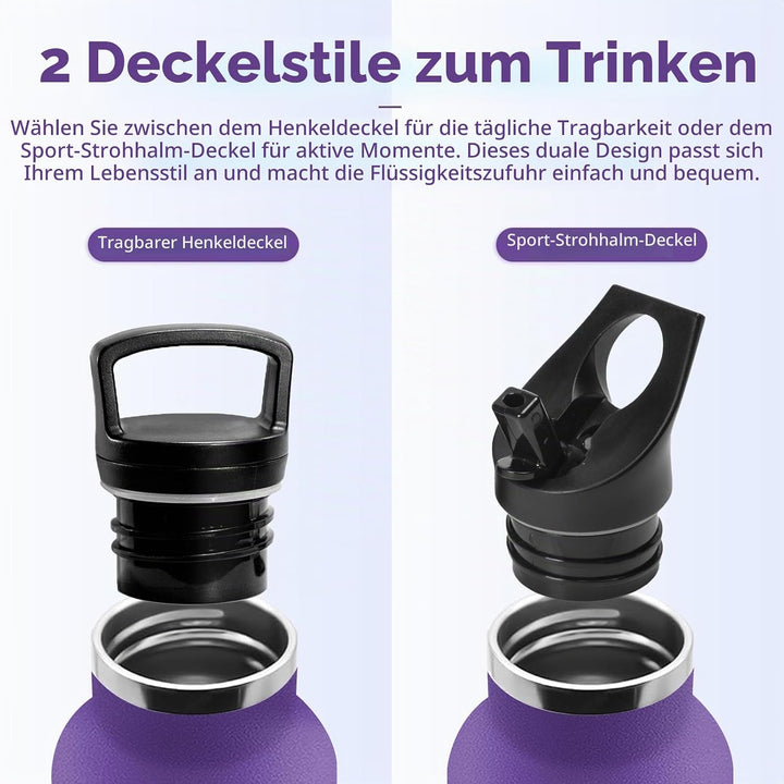Thermosflasche 1L, Edelstahl Trinkflasche mit Strohhalm, Einhandöffnung, Vakuum Thermosflasche, Kohl
