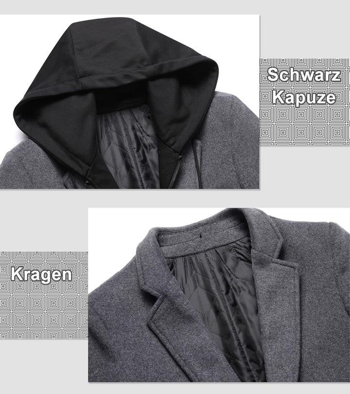 Luckyone Wintermantel Herren Mantel Loose Fit Lang Wollmantel Business Mantel mit Stehkragen Herren