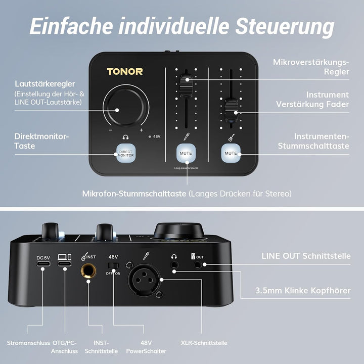 TONOR Podcast Mikrofon Set mit Audio Interface & Mikrofonarm, XLR Mikrofon, Kondensatormikrofone, Au