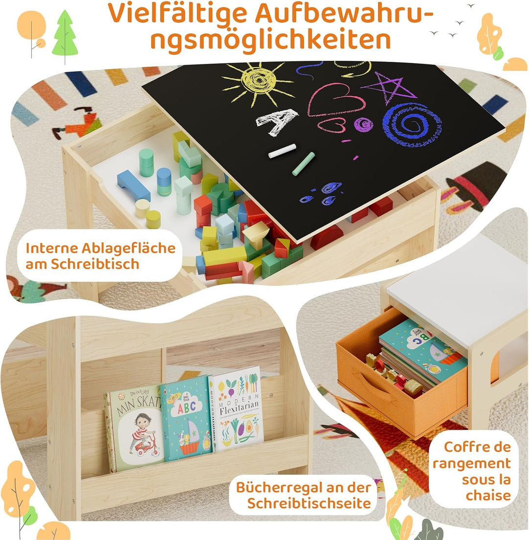 MAMIZO Kindertisch mit 2 PCS Stühlen, 3 in 1 Kinder Tisch Stuhl Set, Kindermöbel Set aus Holz mit St