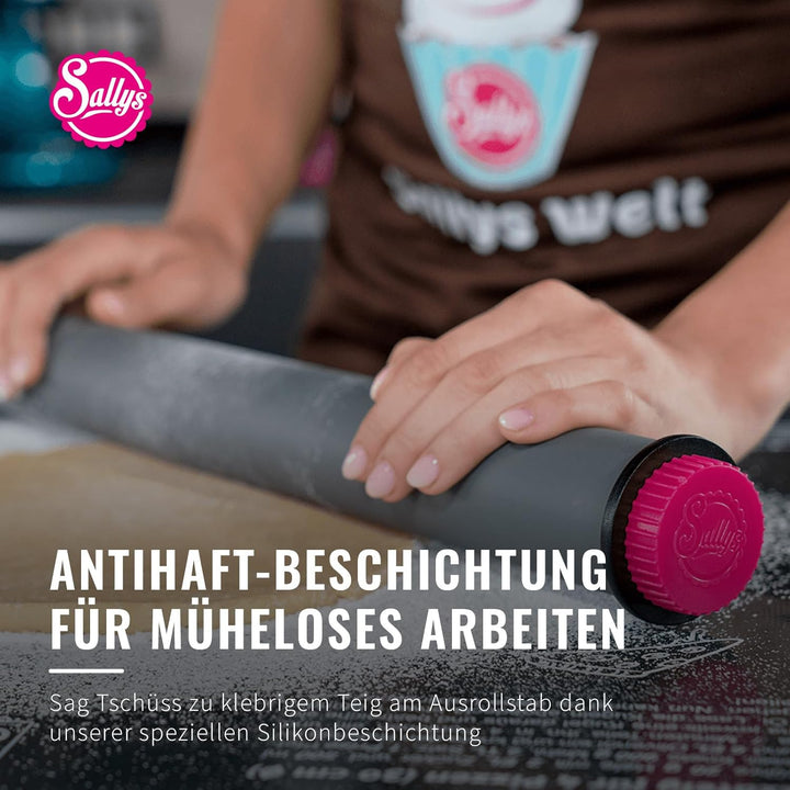 Sallys Profi Ausrollstab- 50 cm, Antihaftbeschichtetes Nudelholz aus Silikon, Teigroller mit abnehmb