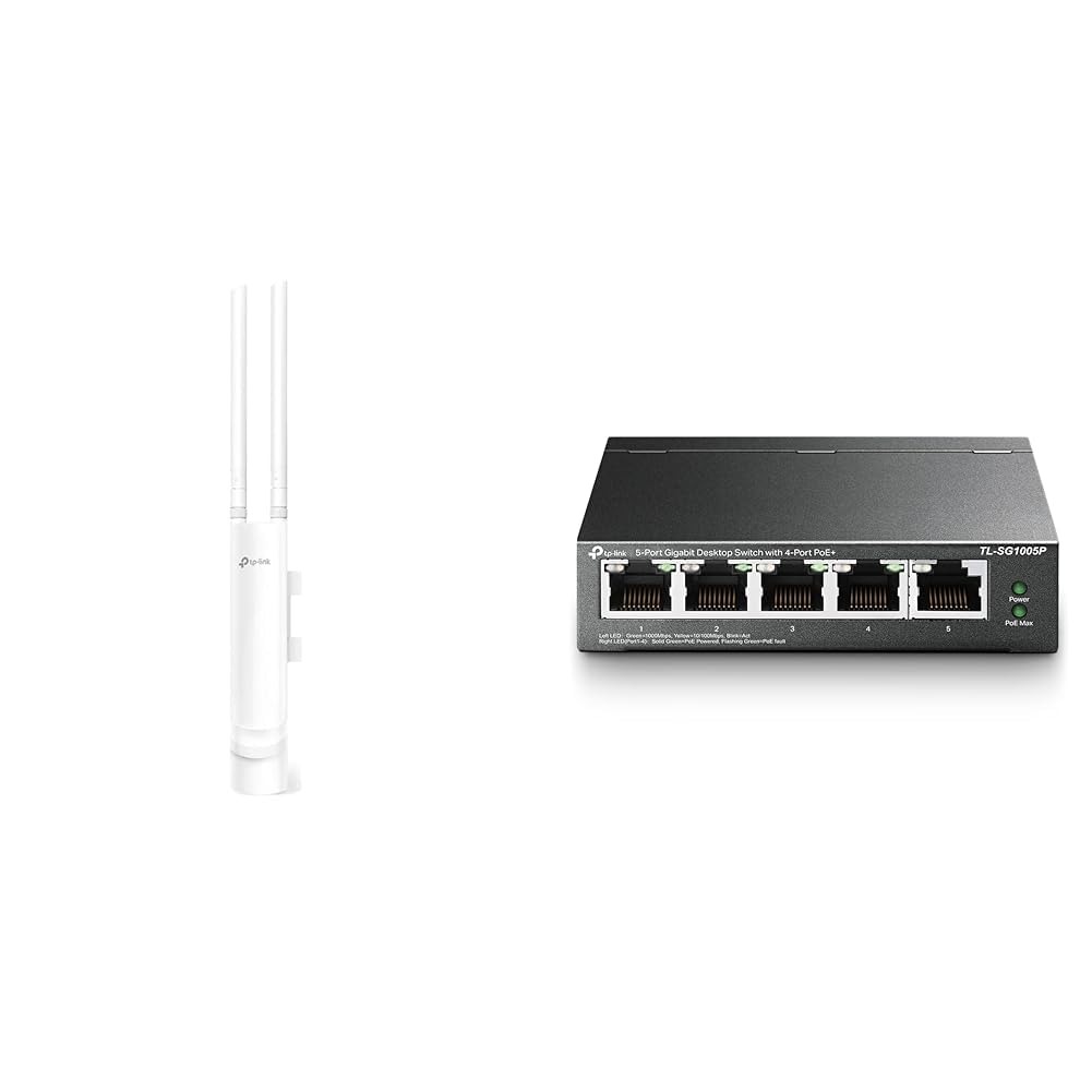 TP-Link EAP225 Outdoor AC1200 Gigabit WLAN Access Point Für Garten mit TL-SG1005P 5-Port Gigabit PoE