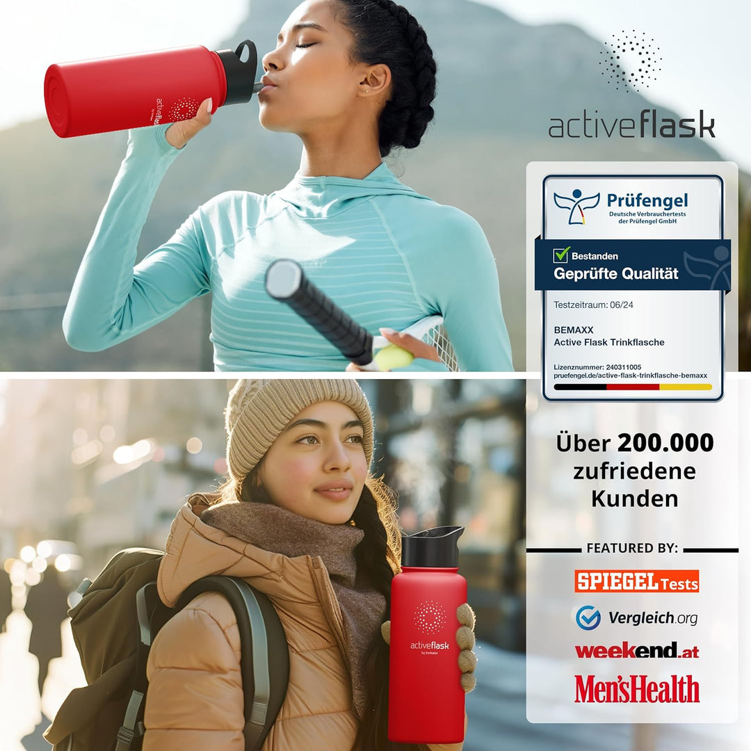 Trinkflasche Edelstahl ACTIVE FLASK + Strohhalm (3 Deckel) BPA-frei, Auslaufsicher, Kohlensäure geei