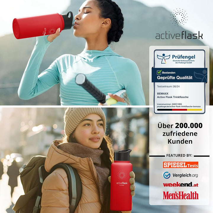 Trinkflasche Edelstahl ACTIVE FLASK + Strohhalm (3 Deckel) BPA-frei, Auslaufsicher, Kohlensäure geei