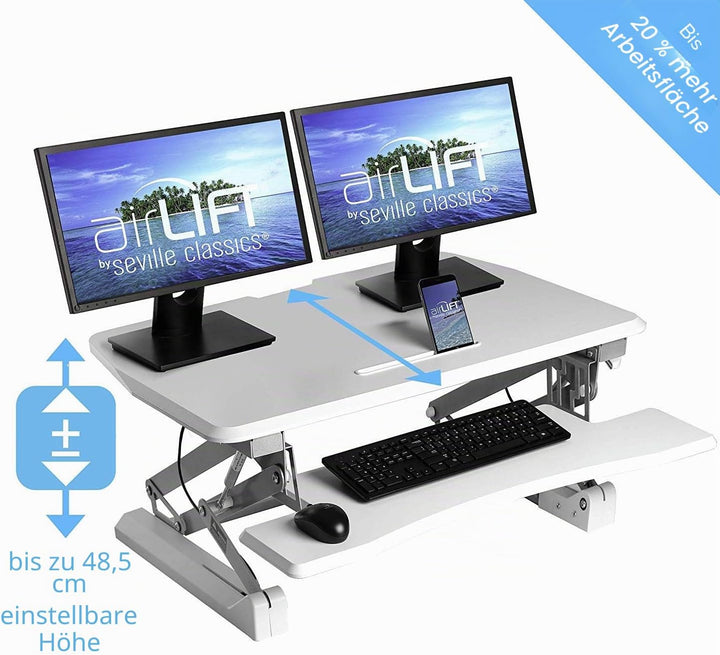 Seville Classics 90 cm pneumatisch höhenverstellbarer Steh-Sitz Tischaufsatz mit Gasdruckfeder, Meta