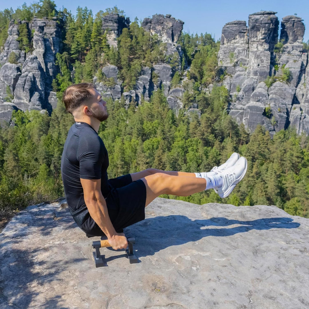 Müller & Blum Liegestützgriffe Holz mit Gym-Bag, gelenkschonende Push-Up Bars, Handstand-Barren, Par
