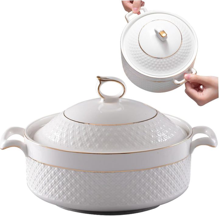 Tureens, Suppe Tureen Keramik, 1, 5 l weisse Servierschalen mit Goldener Grenze Doppelgriff Suppe Tu