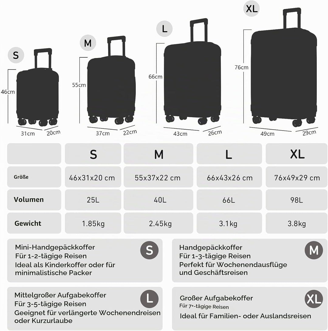 Trolley Koffer Suitcase, Reisekoffer, Rollkoffer Handgepäck, Hartschalenreisekoffer mit 4 Rollen 360