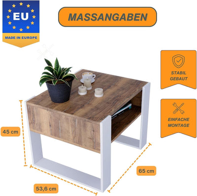 CraftPAK Wohnzimmer Tisch für Couch aus hochwertigem Holz, Stabiler & moderner Couchtisch mit zusätz