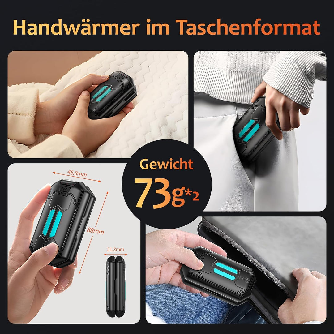 Handwärmer Elektrisch Split 2er-Pack 6000mAh, OUTJUT Tragbare Taschenwärmer 3 Heizmodi Wiederaufladb