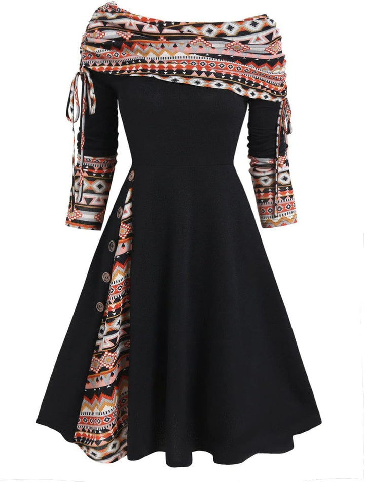 Weihnachten Schulterfrei Kleider für Damen Vintage Druck Patchwork A-Linie Kleid Lässig Locker Flies