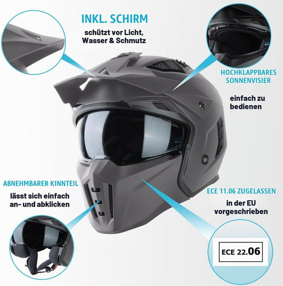 VINZ Kioto Jethelm / Streetfighter Helm | ECE 22.06 zugelassen | Rollerhelm mit Sonnenvisier / Sonne