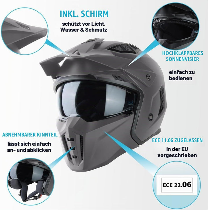 VINZ Kioto Jethelm / Streetfighter Helm | ECE 22.06 zugelassen | Rollerhelm mit Sonnenvisier / Sonne