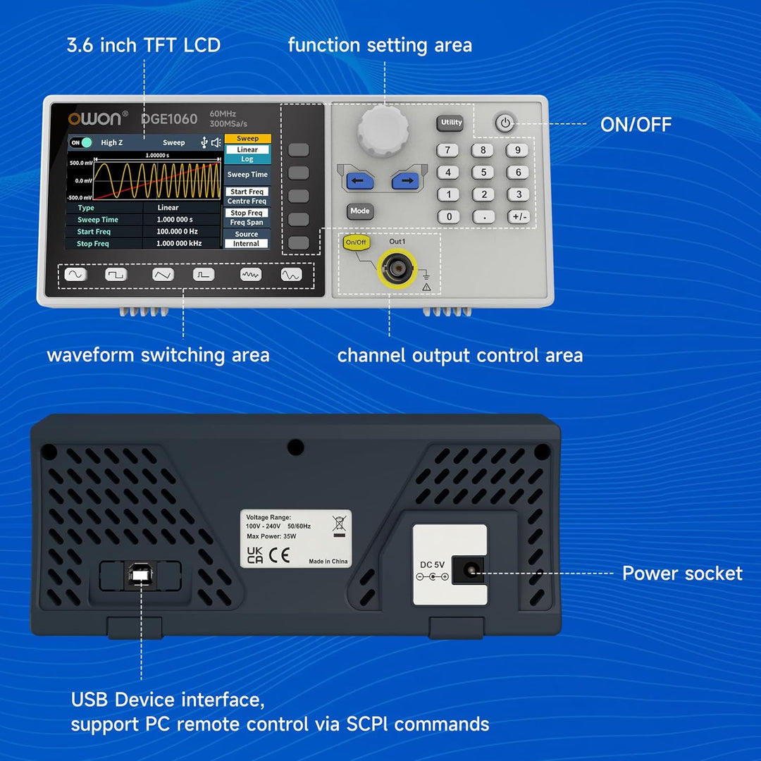 OWON DGE1060 Signalgenerator 60 MHz, 300 MSa/s Funktionsgenerator, 14-Bit Arbiträrgenerator, USB-Anb