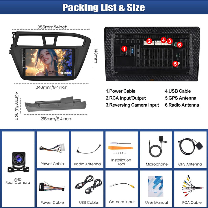 CAMECHO 2+64G Android 13 Navi Autoradio für Hyundai i20 2015-2018 mit 9 Zoll Touchscreen mit HD Rück