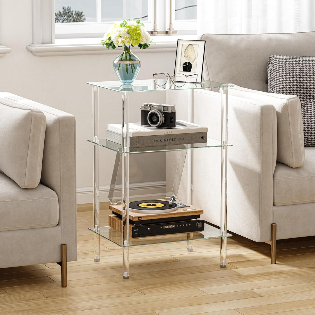 Moderner Beistelltisch Glas Eckig Transparenter Tisch mit 3 Ablagen Nachttisch Glastisch Side Table