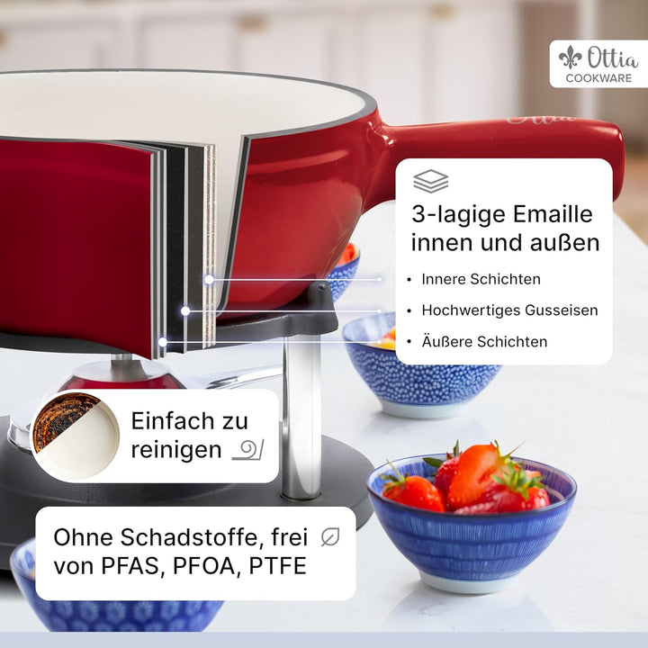 Ottia Gusseisen Fondue Set für 2, 3, 4, 5, 6 Personen, 3-lagige Emaille, Schadstofffrei, 10-teilig m