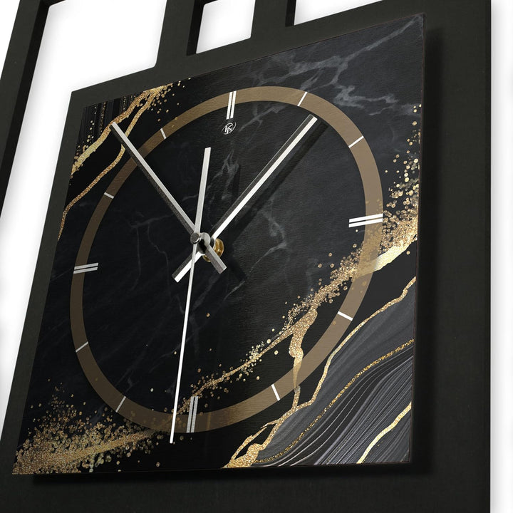 Kreative Feder Designer-WANDUHR „Black &amp; Gold Waves“ in modernem Metallic-Look ohne Tickgeräusche (F