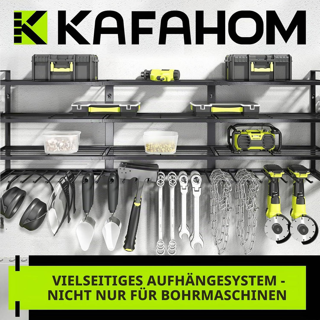KAFAHOM Grosse Werkzeug-Wandhalterung mit 13 Bohrerschächten für die Garage – 4-etagiges Organizer-R